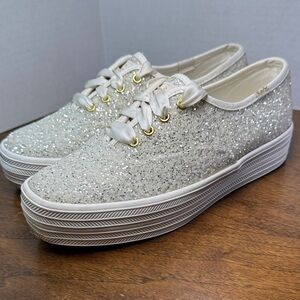 Kate Spade x Keds New York Triple Glitter Platform Sneakers in Silver, sz 6